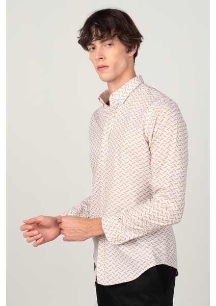 Slim Fit Uzun Kol Poplin Baskılı Garnili Erkek Gömlek