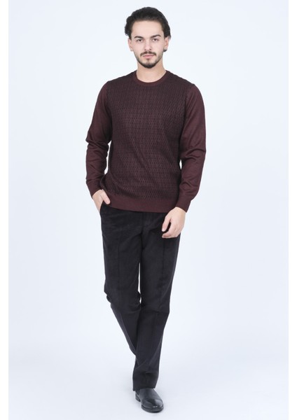 Erkek Bisiklet Yaka Desenli Yün Kazak 6092255 Bordo
