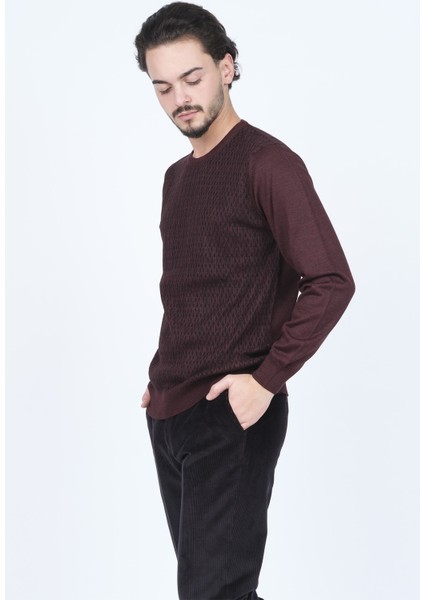 Erkek Bisiklet Yaka Desenli Yün Kazak 6092255 Bordo