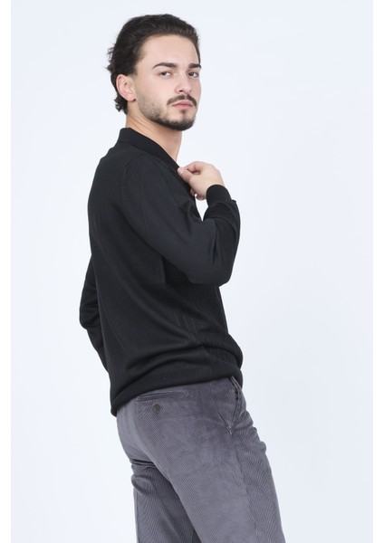 Erkek Polo Yaka Çizgi Detaylı Yün Kazak 6091893 Siyah modelleri