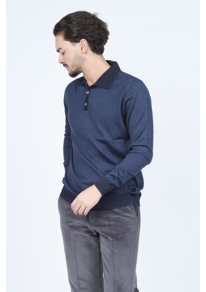 Erkek Polo Yaka Yün Kazak 6091903 Indigo