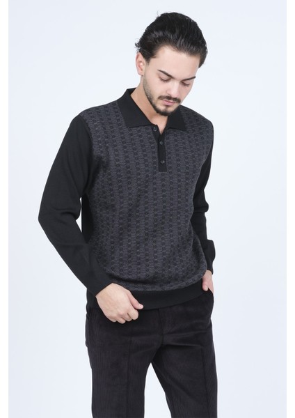 Erkek Polo Yaka Desenli Yün Kazak 6092073 Siyah fiyatları