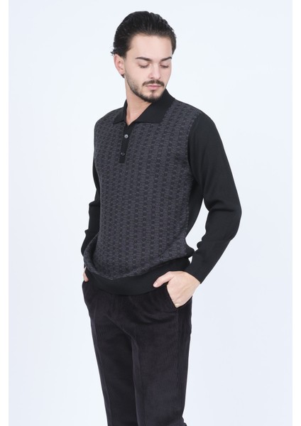 Erkek Polo Yaka Desenli Yün Kazak 6092073 Siyah modelleri