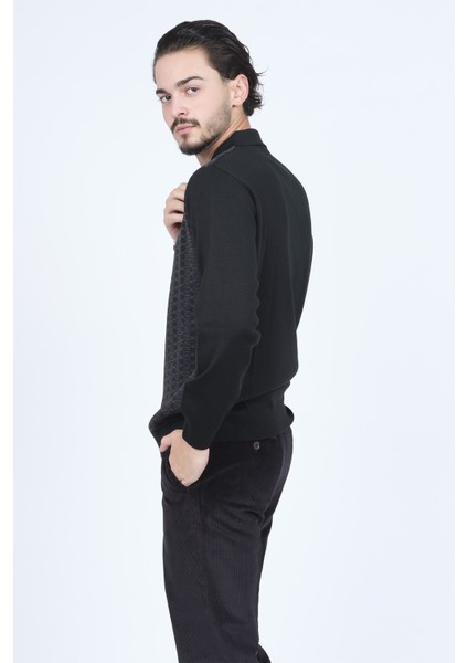 Erkek Polo Yaka Desenli Yün Kazak 6092073 Siyah fırsatları