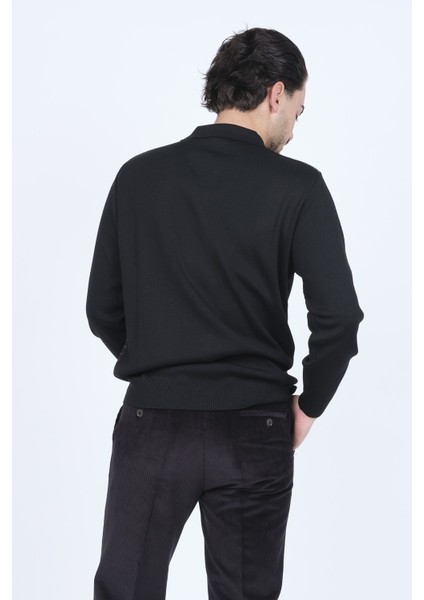 Erkek Polo Yaka Desenli Yün Kazak 6092073 Siyah indirimleri