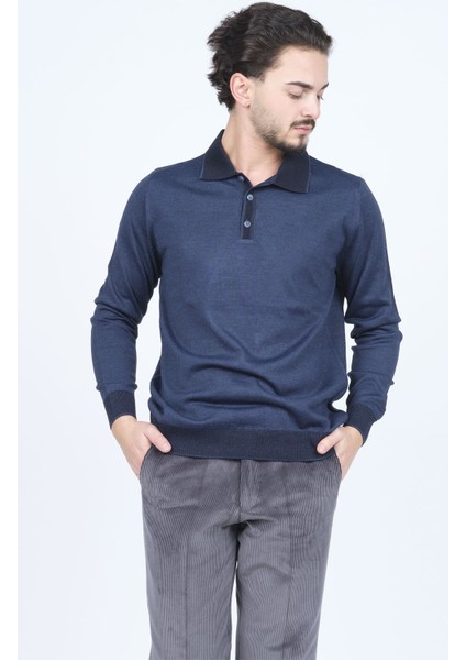 Erkek Polo Yaka Yün Kazak 6091903 Indigo