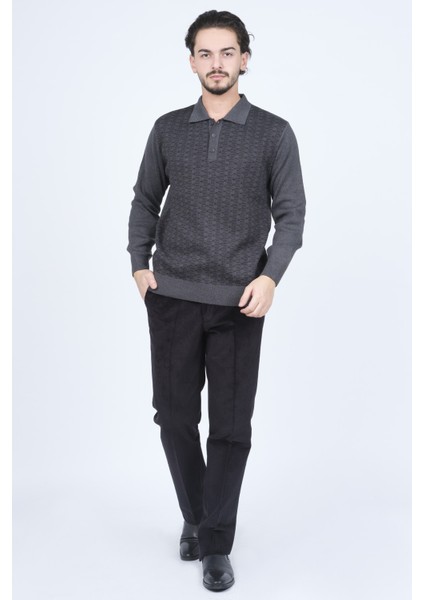 Erkek Polo Yaka Desenli Yün Kazak 6092073 Koyu Gri