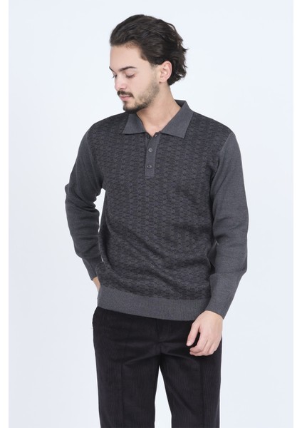 Erkek Polo Yaka Desenli Yün Kazak 6092073 Koyu Gri
