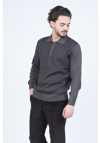 Erkek Polo Yaka Desenli Yün Kazak 6092073 Koyu Gri