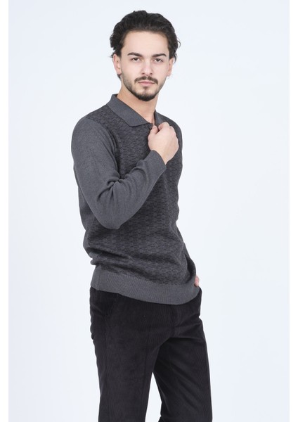 Erkek Polo Yaka Desenli Yün Kazak 6092073 Koyu Gri