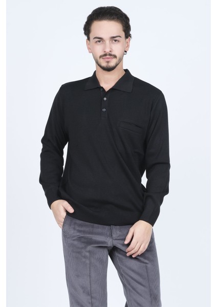 Erkek Polo Yaka Cep Detaylı Yün Kazak 6091023 Siyah