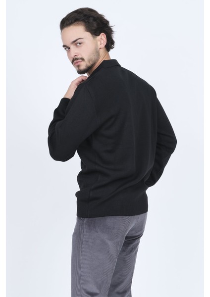 Erkek Polo Yaka Cep Detaylı Yün Kazak 6091023 Siyah fırsatları