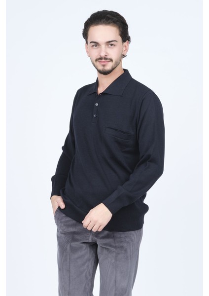 Erkek Polo Yaka Cep Detaylı Yün Kazak 6091023 Lacivert