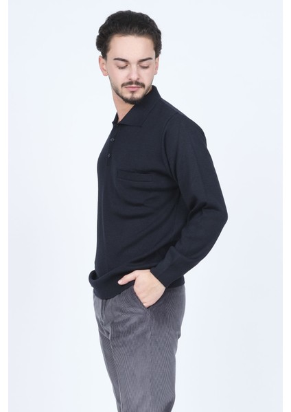 Erkek Polo Yaka Cep Detaylı Yün Kazak 6091023 Lacivert