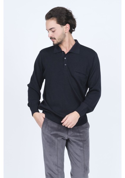 Erkek Polo Yaka Cep Detaylı Yün Kazak 6091023 Lacivert