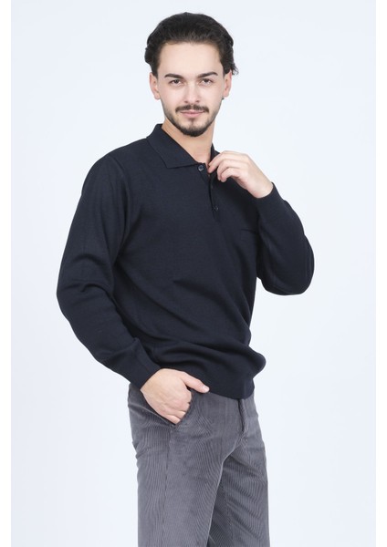Erkek Polo Yaka Cep Detaylı Yün Kazak 6091023 Lacivert