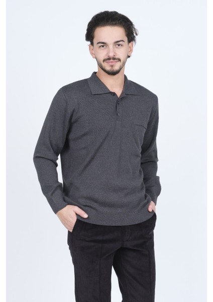 Erkek Polo Yaka Cep Detaylı Yün Kazak 6091023 Koyu Gri