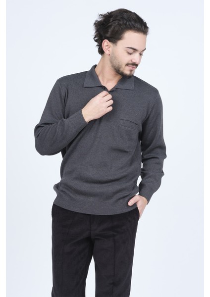Erkek Polo Yaka Cep Detaylı Yün Kazak 6091023 Koyu Gri