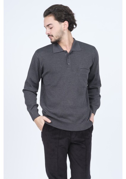 Erkek Polo Yaka Cep Detaylı Yün Kazak 6091023 Koyu Gri
