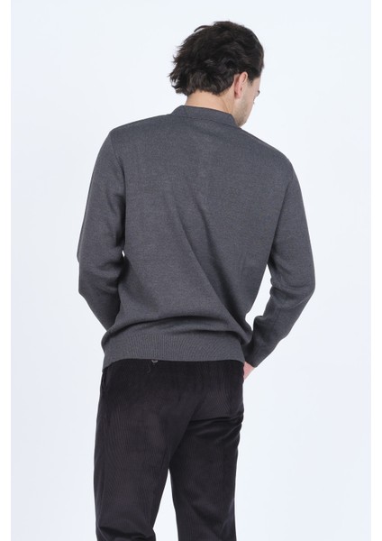 Erkek Polo Yaka Cep Detaylı Yün Kazak 6091023 Koyu Gri