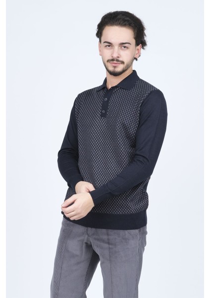 Erkek Desenli Polo Yaka Triko Yün Kazak 4533224 Lacivert