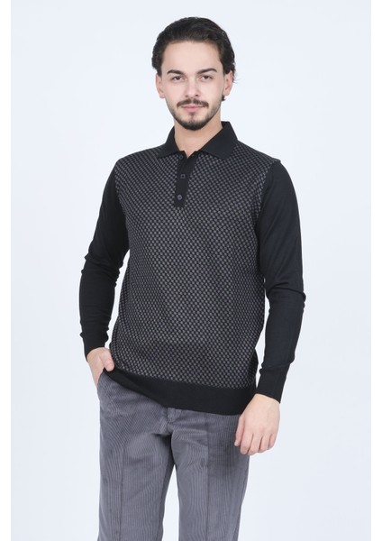 Erkek Desenli Polo Yaka Triko Yün Kazak 4533224 Siyah