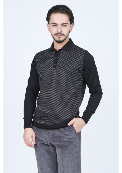 Erkek Desenli Polo Yaka Triko Yün Kazak 4533224 Siyah fiyatları