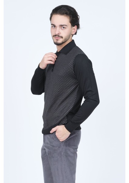 Erkek Desenli Polo Yaka Triko Yün Kazak 4533224 Siyah modelleri