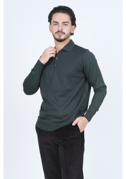 Erkek Desenli Polo Yaka Triko Yün Kazak 4533224 Yeşil