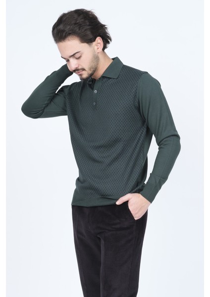 Erkek Desenli Polo Yaka Triko Yün Kazak 4533224 Yeşil modelleri