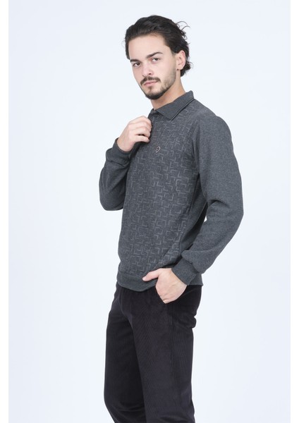 Erkek Desenli Polo Yaka Triko Sweat 6741256 Gri