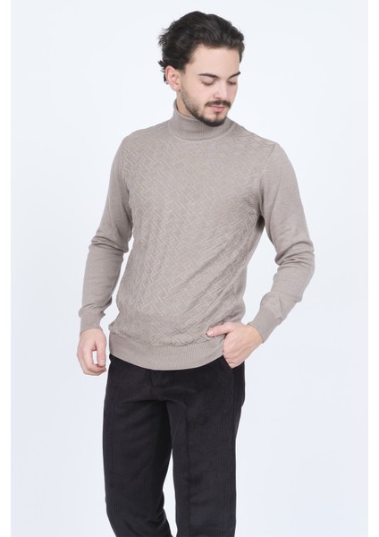 Erkek Desenli Tam Balıkçı Triko Kazak 67822507 Taş