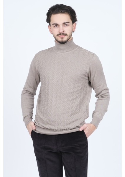 Erkek Desenli Tam Balıkçı Triko Kazak 67822507 Taş