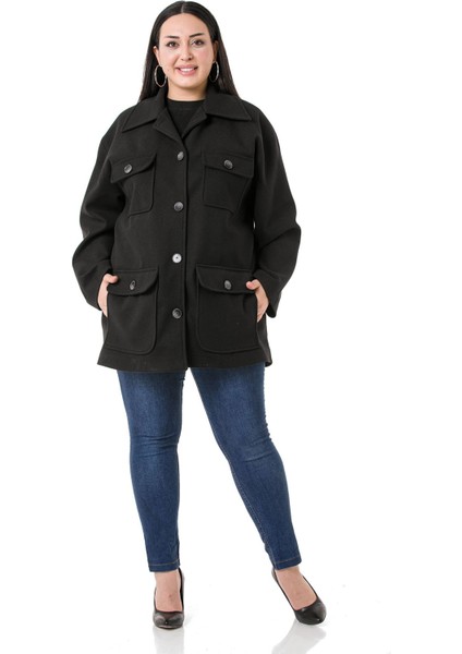 Büyük Beden Gömlek Yaka Kapaklı Cepli Astarlı Siyah Kaşe Kaban