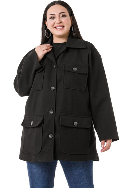 Büyük Beden Gömlek Yaka Kapaklı Cepli Astarlı Siyah Kaşe Kaban fiyatları