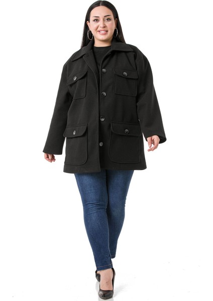 Büyük Beden Gömlek Yaka Kapaklı Cepli Astarlı Siyah Kaşe Kaban fırsatları