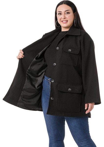 Büyük Beden Gömlek Yaka Kapaklı Cepli Astarlı Siyah Kaşe Kaban indirimleri