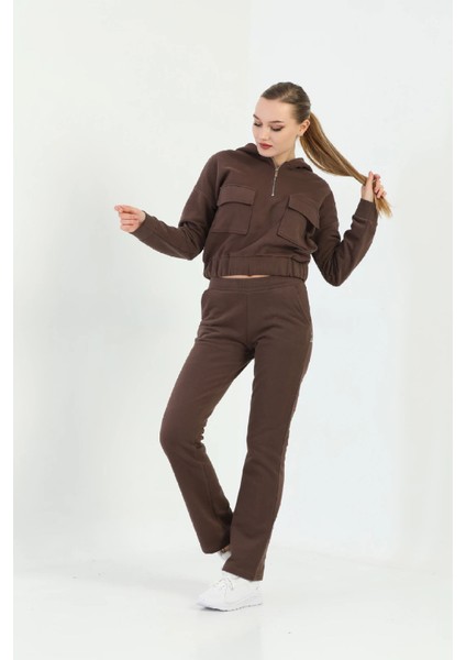 Crop Sweatshirt Eşofman Takım Xs Beden Kahve