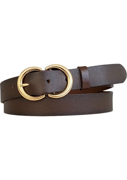 Deri Gold Cɔ Tokalı Koyu Kahverengi Ince Kadın Kemeri, 3cm