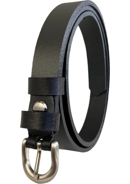 Deri Gümüş Tokalı Siyah Çok Ince Kadın Kemeri, 1.8 cm