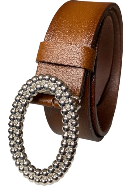 Deri, Gümüş Oval Tokalı Kahverengi Kadın Kot Kemeri 4 cm