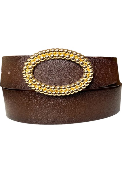 Deri, Gold Oval Tokalı Koyu Kahverengi Kadın Kot Kemeri 4 cm modelleri