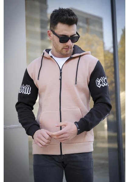 Extrem Pamuklu Üç Iplik Şardonlu Fermuarlı Kapüşonlu Kol Baskılı Slim Fit Erkek Sweatshirt