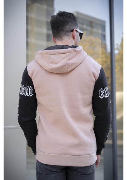 Extrem Pamuklu Üç Iplik Şardonlu Fermuarlı Kapüşonlu Kol Baskılı Slim Fit Erkek Sweatshirt