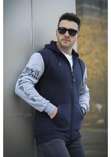 Extrem Pamuklu Üç Iplik Şardonlu Fermuarlı Kapüşonlu Kol Baskılı Slim Fit Erkek Sweatshirt