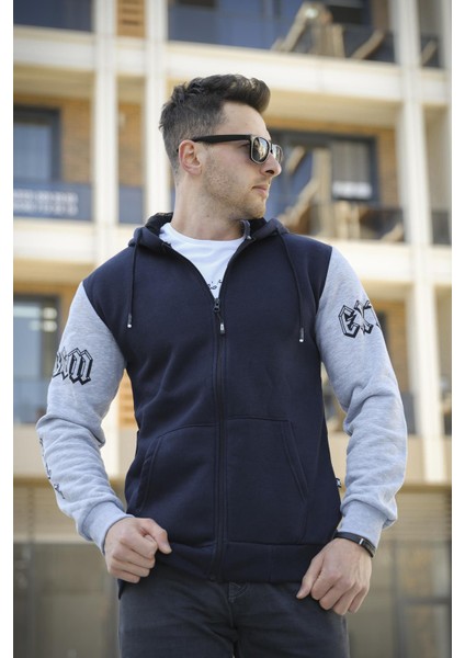 Extrem Pamuklu Üç Iplik Şardonlu Fermuarlı Kapüşonlu Kol Baskılı Slim Fit Erkek Sweatshirt