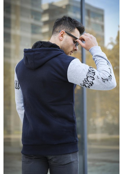 Extrem Pamuklu Üç Iplik Şardonlu Fermuarlı Kapüşonlu Kol Baskılı Slim Fit Erkek Sweatshirt