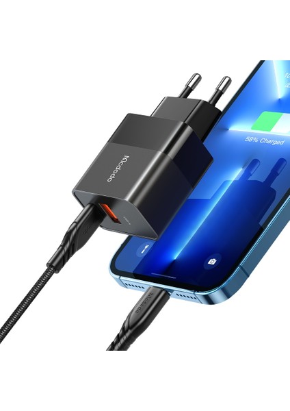 CH-1952 20W 1xtype-C 1xusb Girişli Şarj Adaptörü+Type-C To Iphone Kablo 1.2m-Siyah