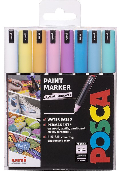 Uni Posca Pc-1mr 0.7 Su Bazlı Boyama Markörü Seti 8 Renk Pastel Renkler