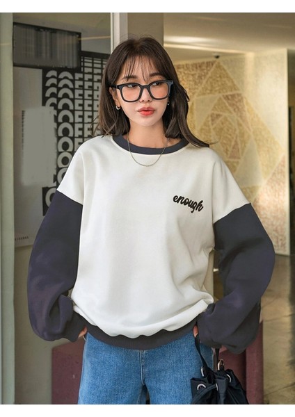 Kadın Enough Baskılı Oversize Füme Detay Sweatshirt